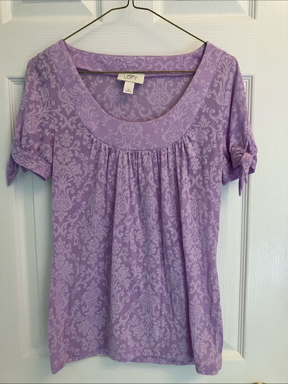 LOFT Lilac Scoop-Neck Short Sleeve Tee with Tie Sleeves